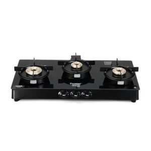 Prestige Svachh Neo 3 Burner Gas Stove | Easy Clean Design-3 Liftable Burners | Toughened Glass Top | Tri-Pin Brass Burners | 1 Jumbo Burner | Ergonomic Knob | Black | 5Y Glass Warranty |ISI Certified