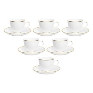 Femora Ceramic Gold Line Diamond Cut White Cup 6 Pcs with Saucer Set of 6 Pcs Tea/Coffee Cups 200 ml |Microwave & Dishwasher Safe Crockery Set Ideal for Daily Use & Gifting, White