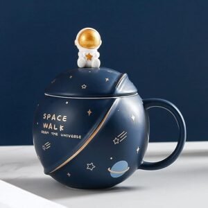 NYRWANA Coffee Mug, Gift for Man, Mugs for Present, Birthday Present for Brother, Astronaut Planet Coffee Mug with 3D Creative Space, Lid & Spoon (400ml-Dark Blue)