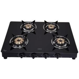 Elica 4 Burner Auto Ignition Gas Stove | 694 CT VETRO BLK AI | Toughened Glass Top | Brass Burners | Euro-Coated Pan Support | 7-Year Glass Warranty | Black