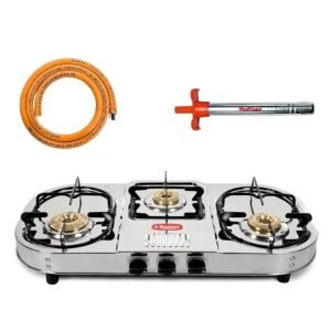 Khaitan Combo - 1 Unit 3 Burner Double Decker Pro Manual Lpg Stainless Steel Gas Stove + 1 Unit Hindflame Kitchen Lighter + 1 Unit Hindflame Lpg Hose Pipe (1.5 Mtr)