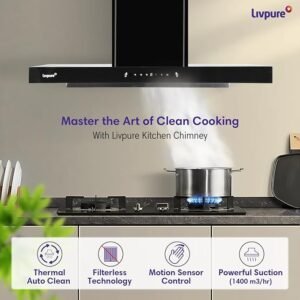Livpure Fenix 90 cm | T-Shape Chimney | 1400 m³/hr Suction | Filterless | Touch & Gesture Control | Low Noise | 10 Years Motor + 2 Years Comprehensive Warranty | Black