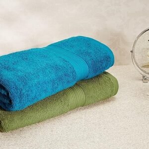 Amazon Brand - Solimo 100% Cotton 2 Piece Bath Towel Set, 500 GSM (Olive Green and Turquoise Blue)
